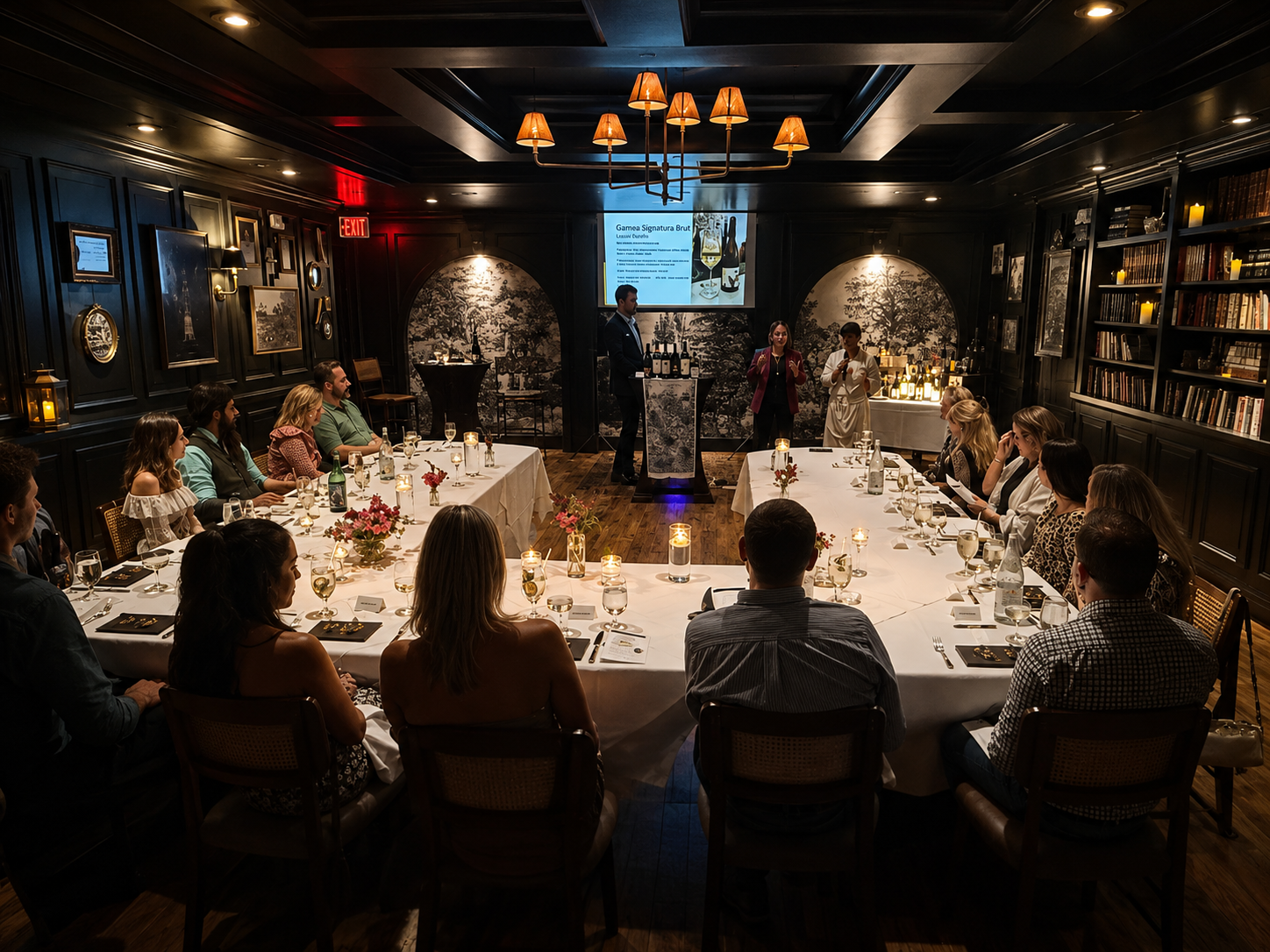 Guests seated at a long table for a hosted wine dinner in the private room