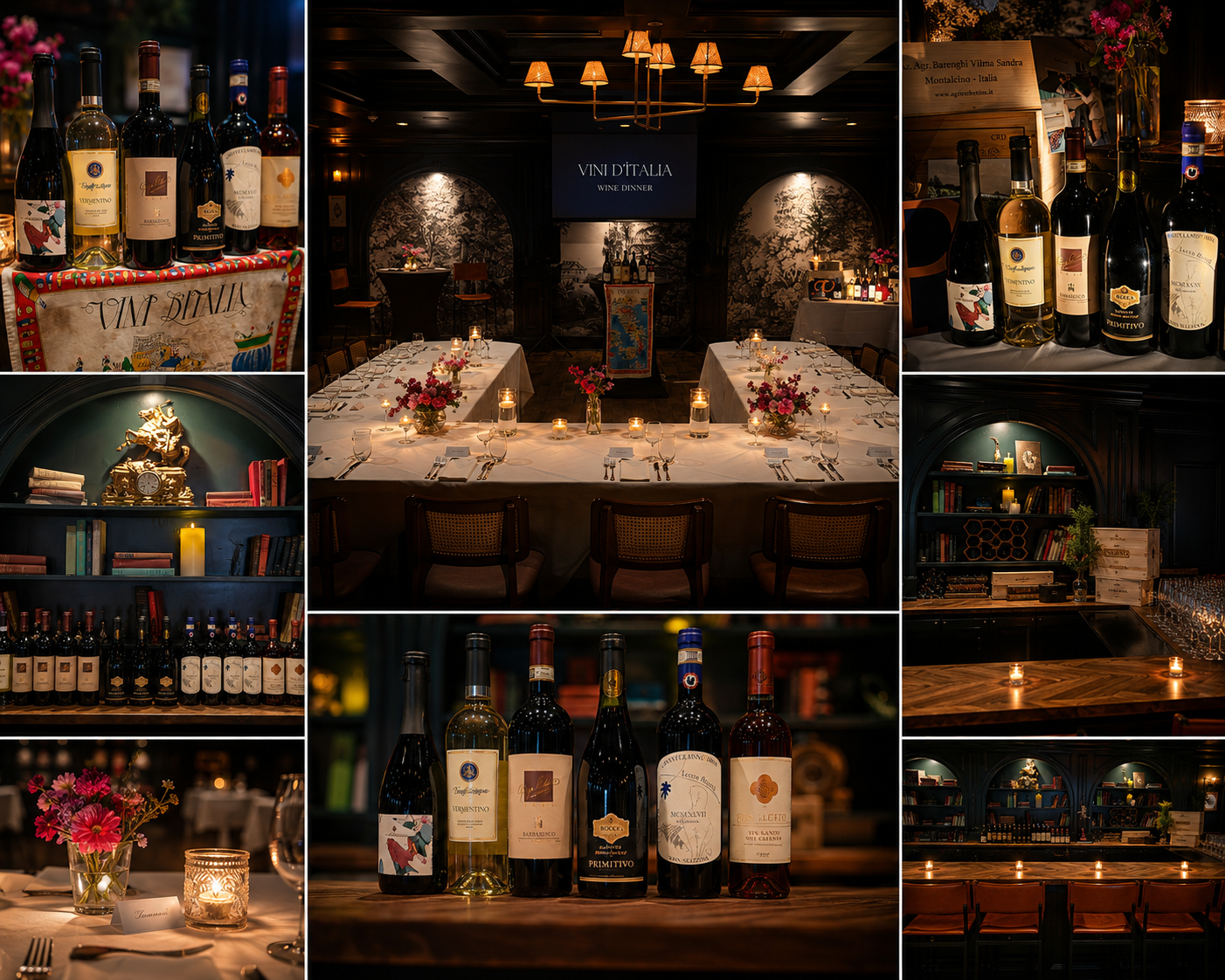 Scenes from Sugo's Italia in Three Acts wine dinners — Italian bottles, candlelit tables, and the private dining room in Wilmington, NC
